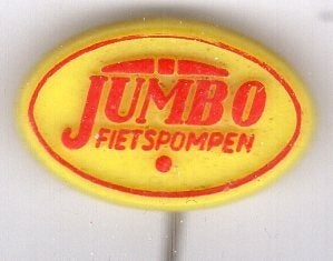 JUMBO fietspompen rood op geel plastic speldje ( G_201a), Verzenden, Zo goed als nieuw, Merk, Speldje of Pin