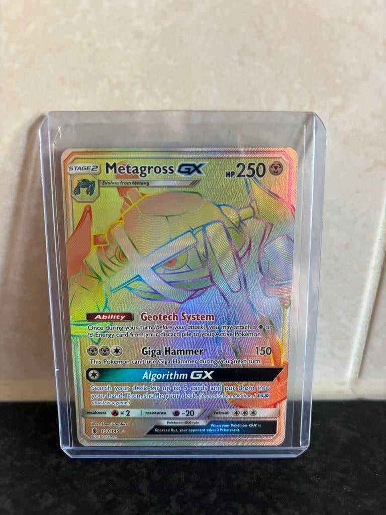 Metagross GX Rainbow Rare Pokémon Kaart (157/145), Ophalen, Zo goed als nieuw, Losse kaart, Foil