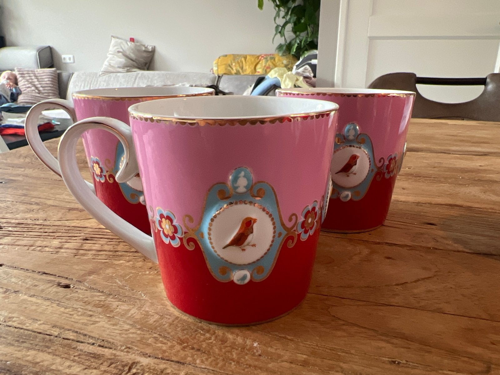 Set van 3 Pip Studio Love Birds mokken roze/rood groot, Pip Studio, Nieuw, Modern, Porselein