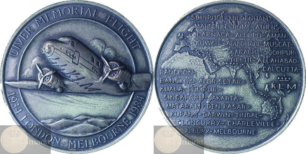 Historiepenning 'Uiver Vlucht 1934 London - Melbourne 1984', Ophalen of Verzenden, Zilver, Nederland