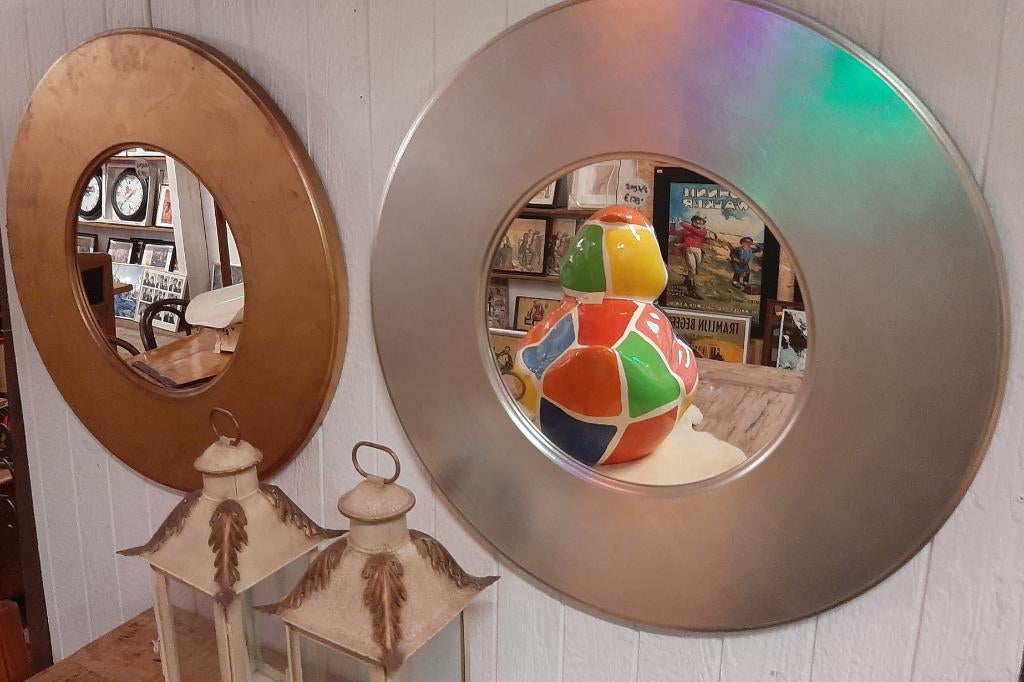 Italiaanse ronde design spiegel 75 cm doorsnee goud & zilver, Huis en Inrichting, Ophalen, Zo goed als nieuw, Minder dan 100 cm