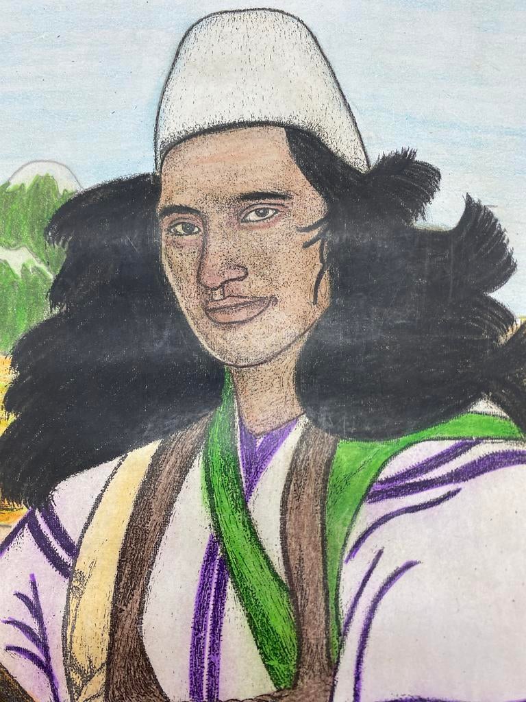 Tekening Kogi Indiaan uit Colombia in lijst, Ophalen of Verzenden