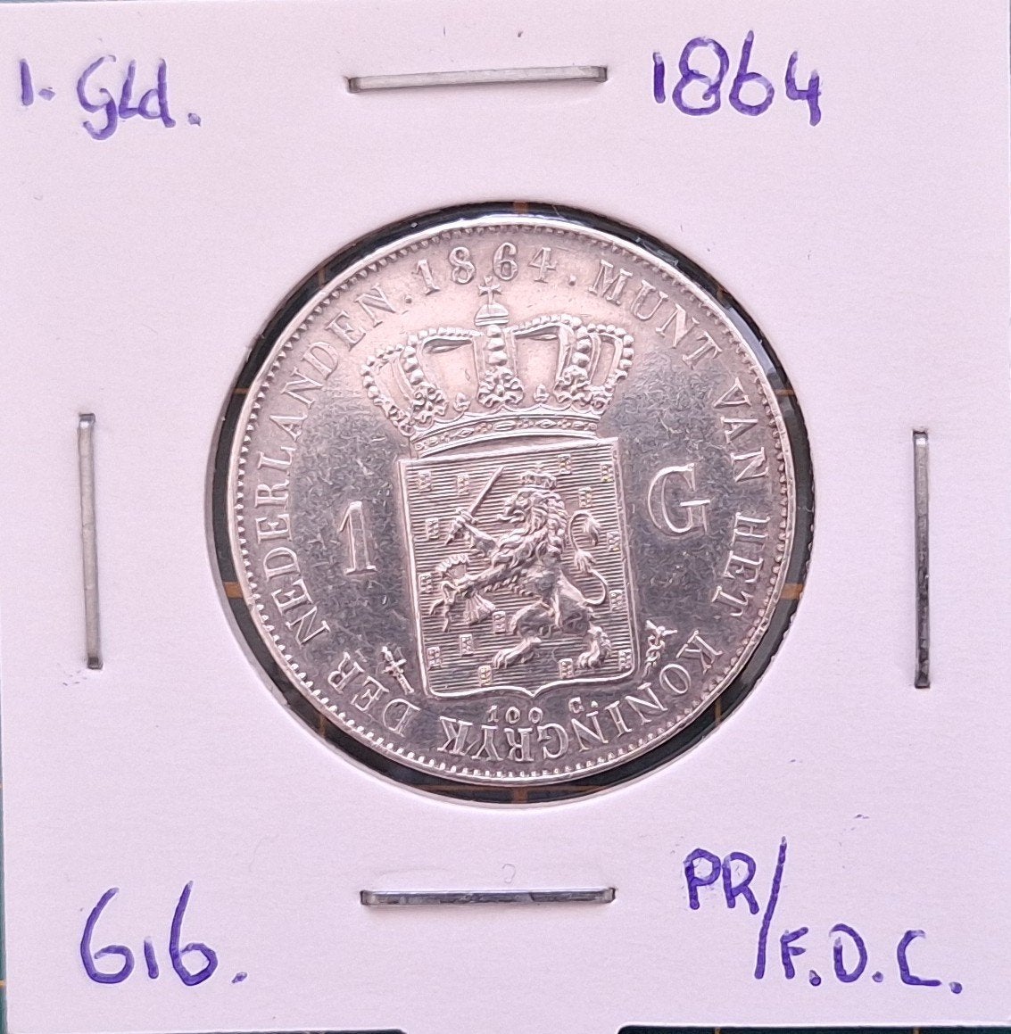 1 gulden 1864 Pr./F.D.C., 1 gulden, Koning Willem III, Zilver, Ophalen of Verzenden