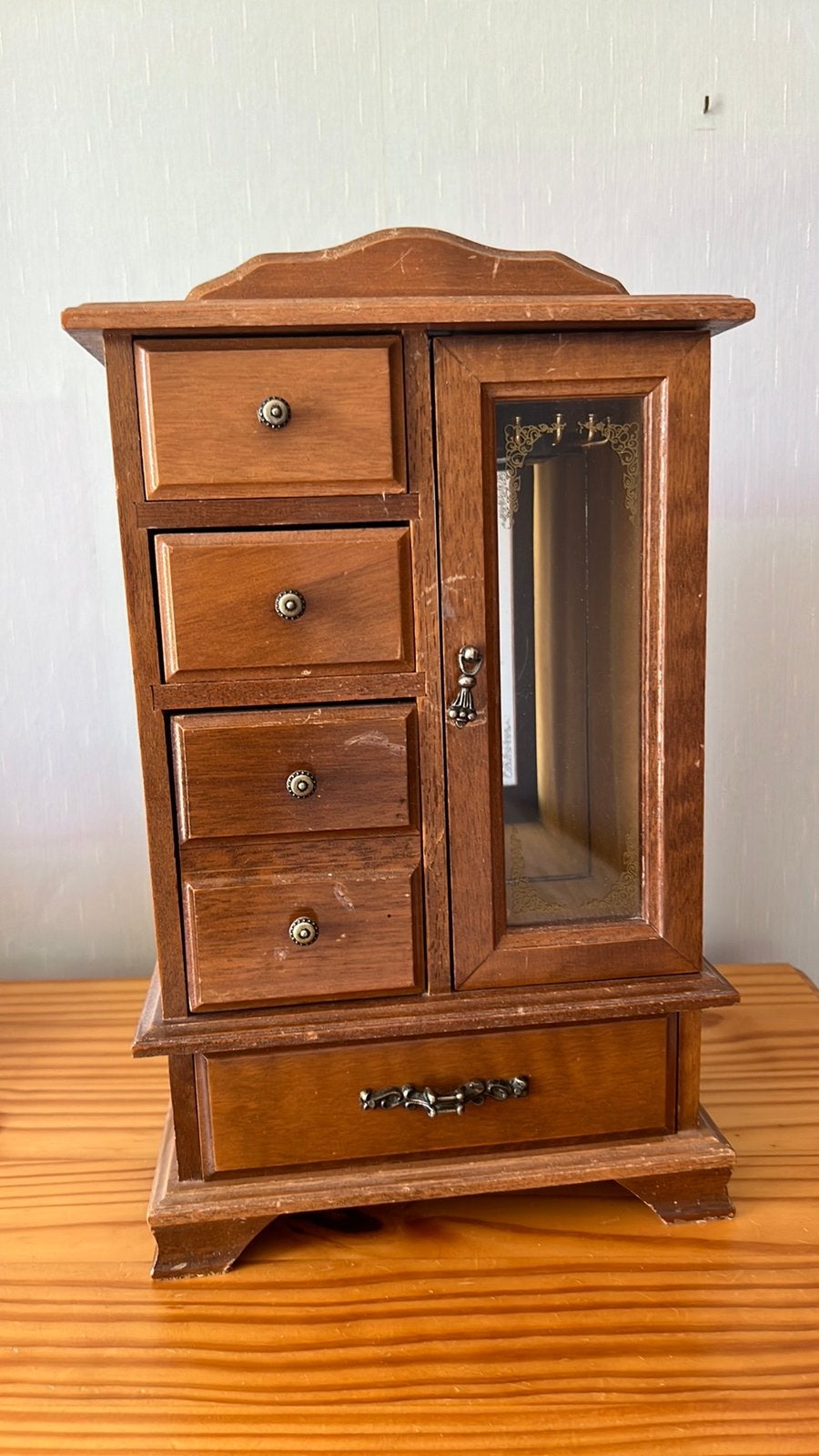Brocante sieraden doosje kastje met spiegeltje, Antiek en Kunst, Curiosa en Brocante, Ophalen of Verzenden