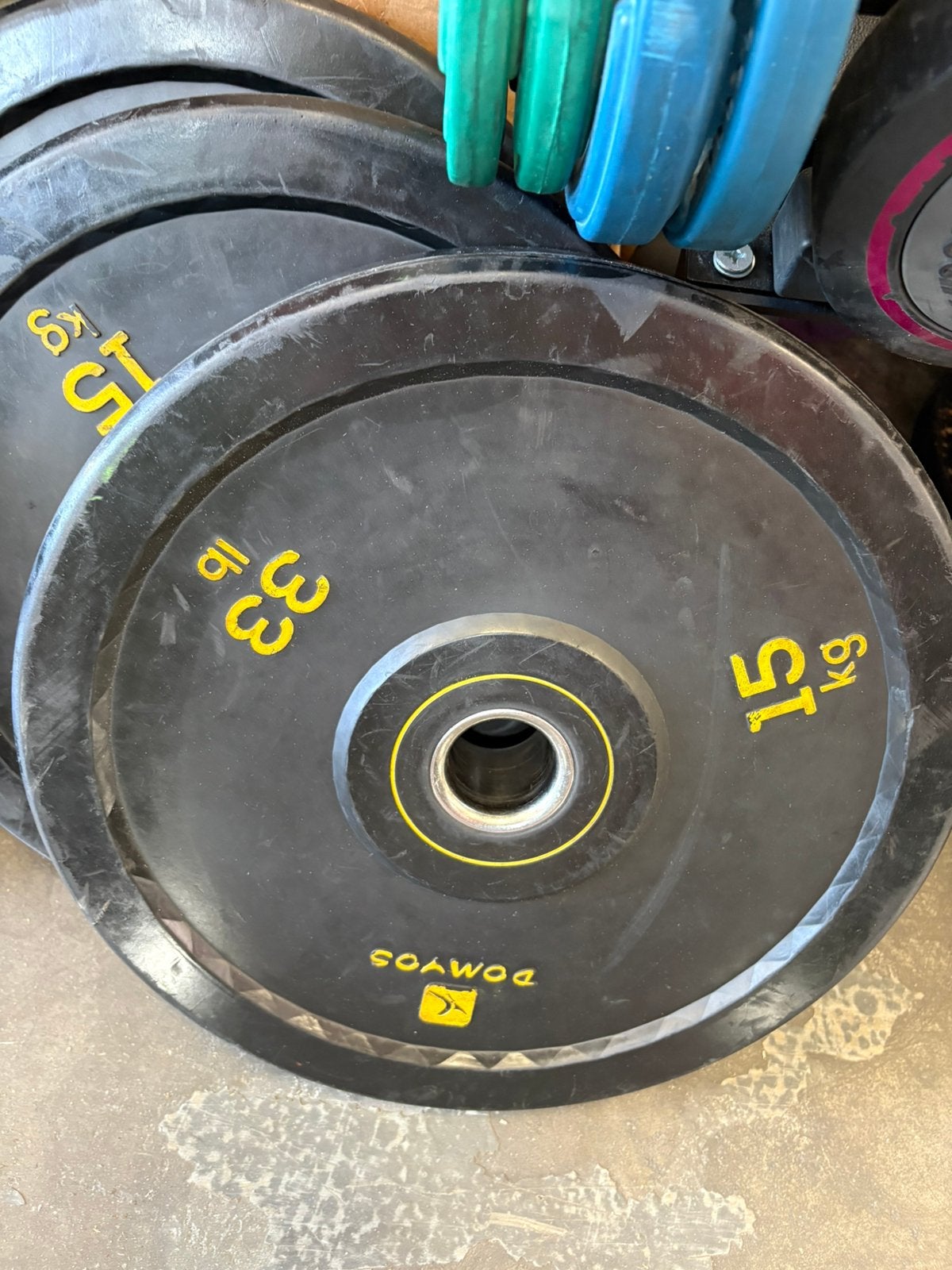 4 x 15 kg bumperplates olympische halter schijven 50 mm, Ophalen, Halterschijven, 4 x 15 kg, Gebruikt