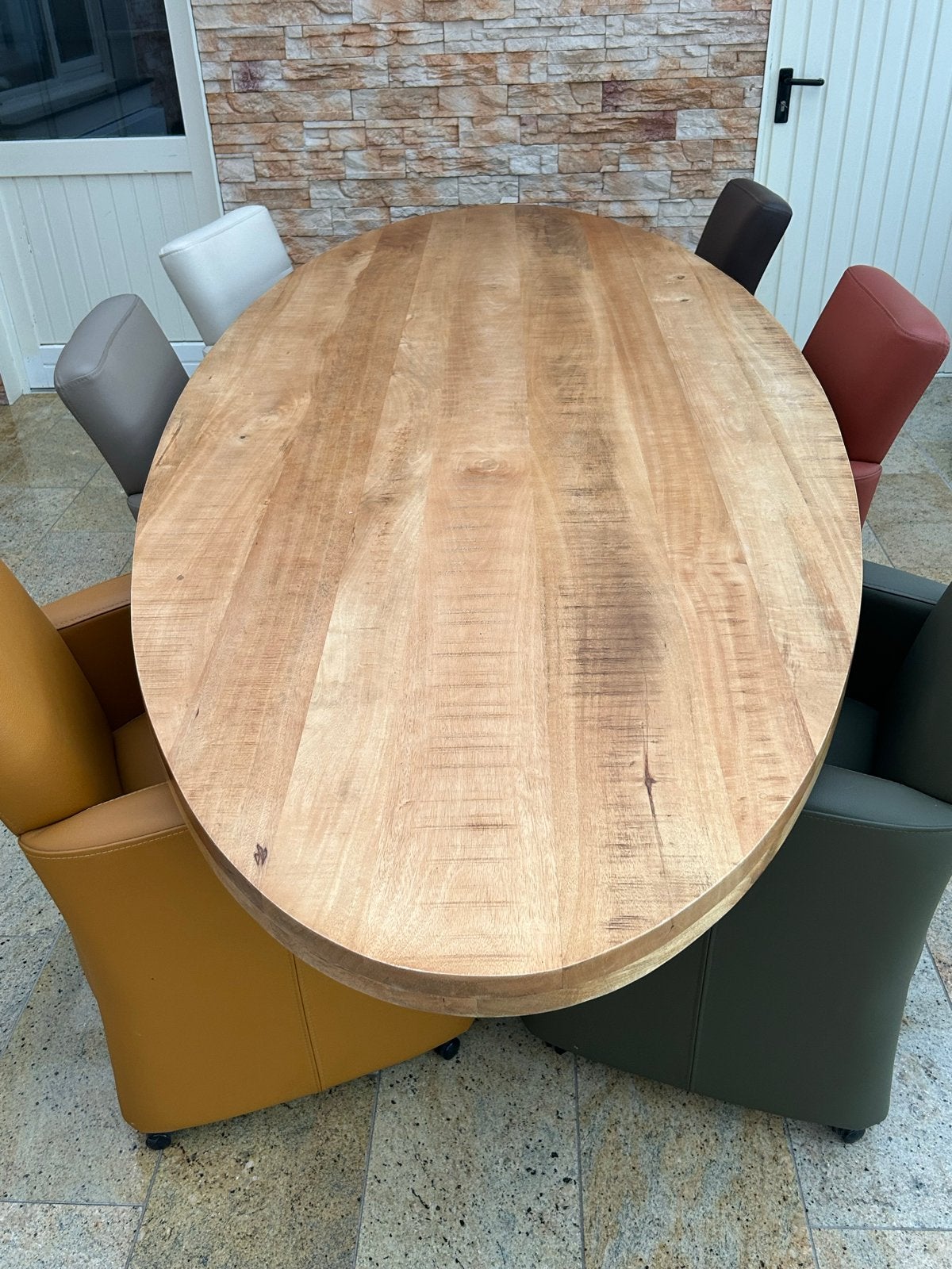 Prachtige ovale eettafel - Massief houten blad (300x120), Ophalen, 100 tot 150 cm, 200 cm of meer, Zo goed als nieuw