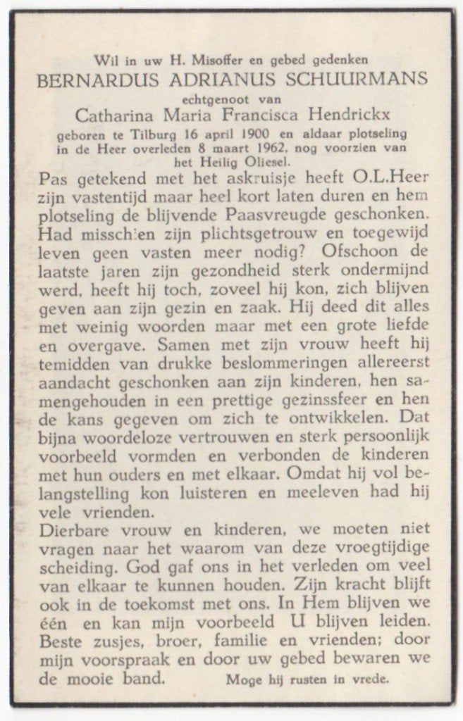Bernardus Schuurmans 1900 Tilburg + 1962 Tilburg, 61 jaar, Ophalen of Verzenden