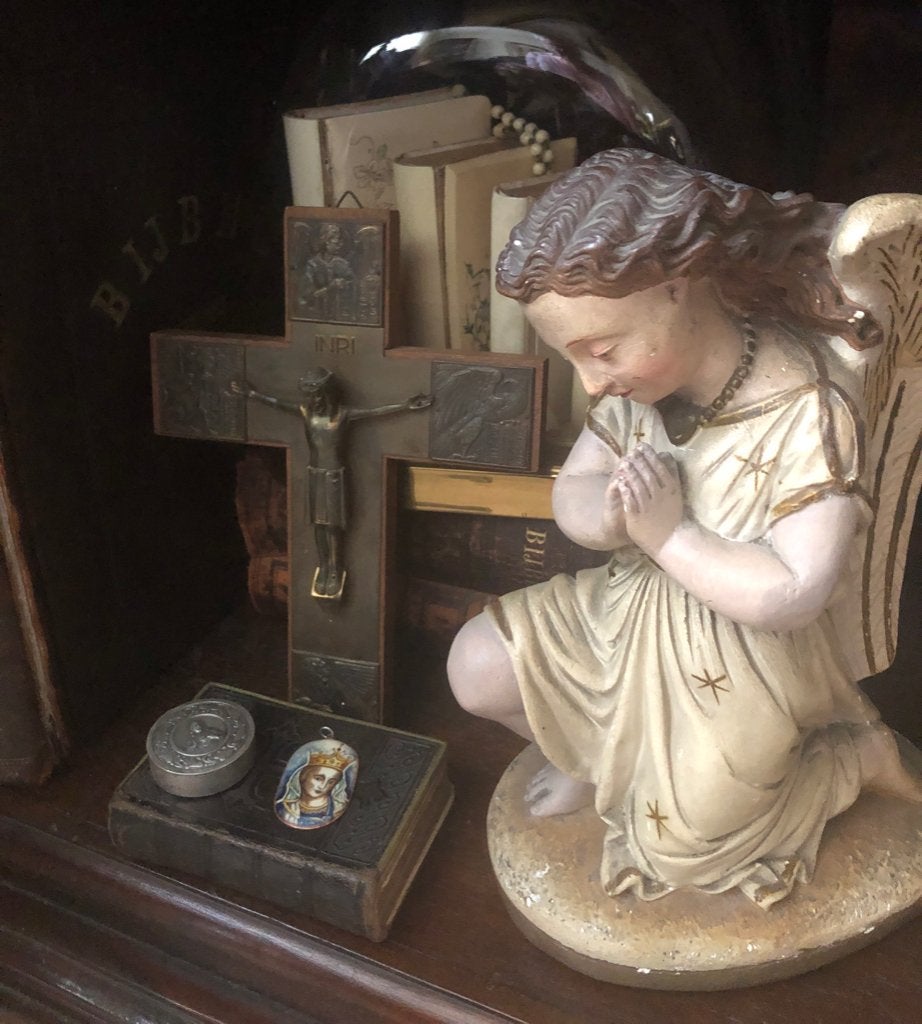 Hout/koperen   crucifix corpus met 4 evangelisten, Antiek en Kunst, Antiek | Religie, Ophalen of Verzenden