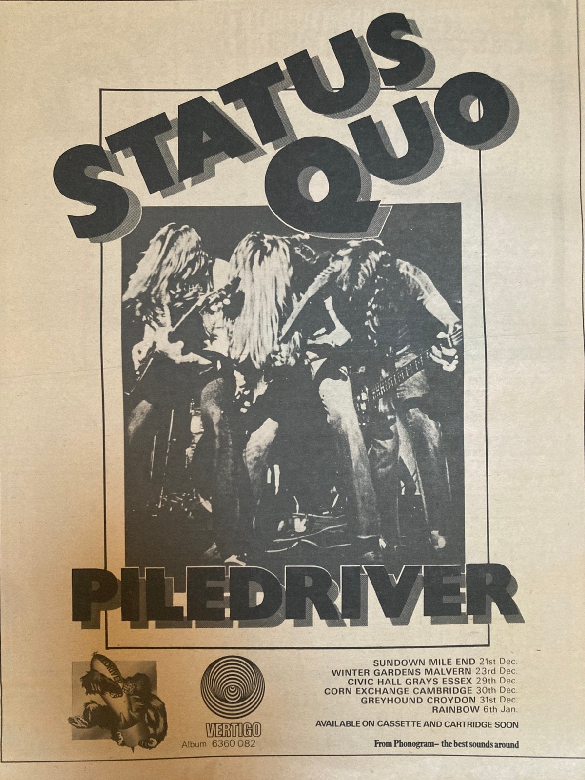 Paginagrote A3 advertentie STATUS QUO Piledriver tour, Ophalen of Verzenden, Zo goed als nieuw