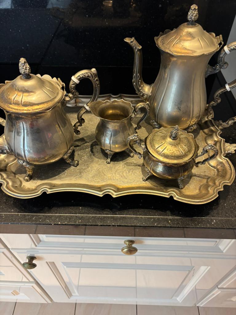 Antiek Verzilverd Koffie- en Theeservies op Dienblad, Antiek en Kunst, Antiek | Goud en Zilver, Ophalen
