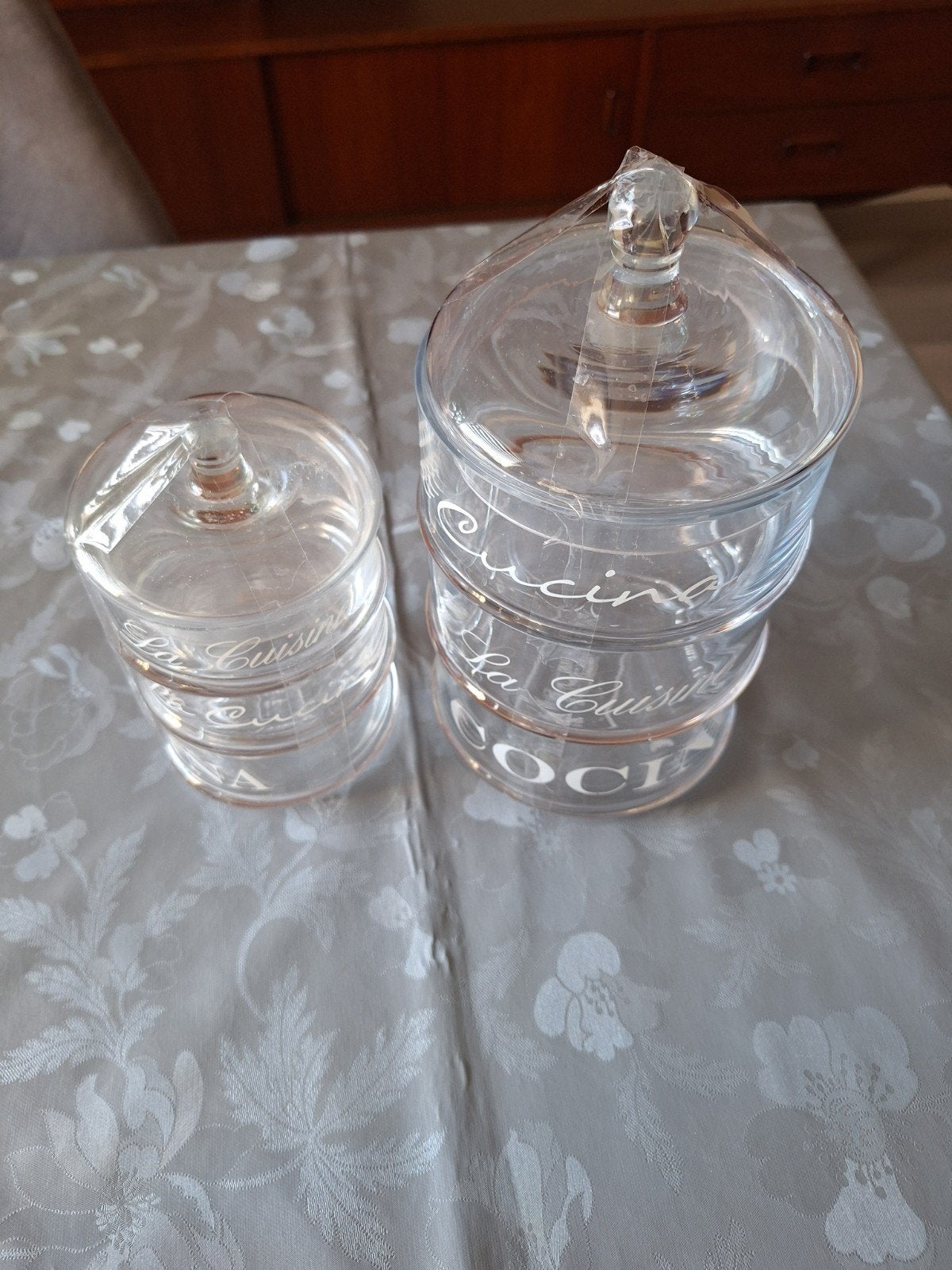 Rivièra maison glazen opbergstolpen, Huis en Inrichting, Woonaccessoires | Stolpen, Glas, Ophalen, Zo goed als nieuw, Met deksel
