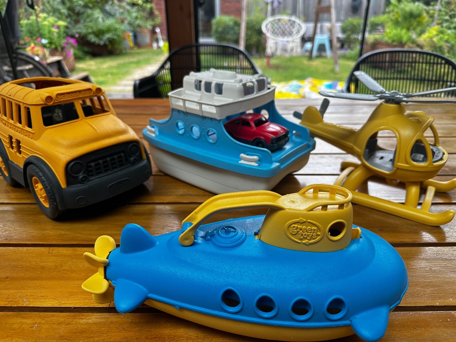 Green Toys set: bus, vliegtuig, boot, onderzeeër, helikopter, Ophalen of Verzenden, Gebruikt
