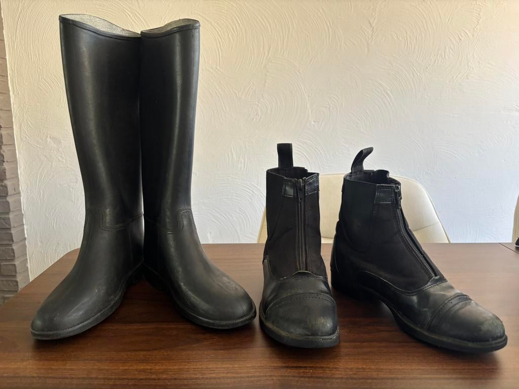 Paardrijlaarzen rubber en jodhpurs maat 34, Ophalen, Gebruikt, Kinderen, Schoeisel
