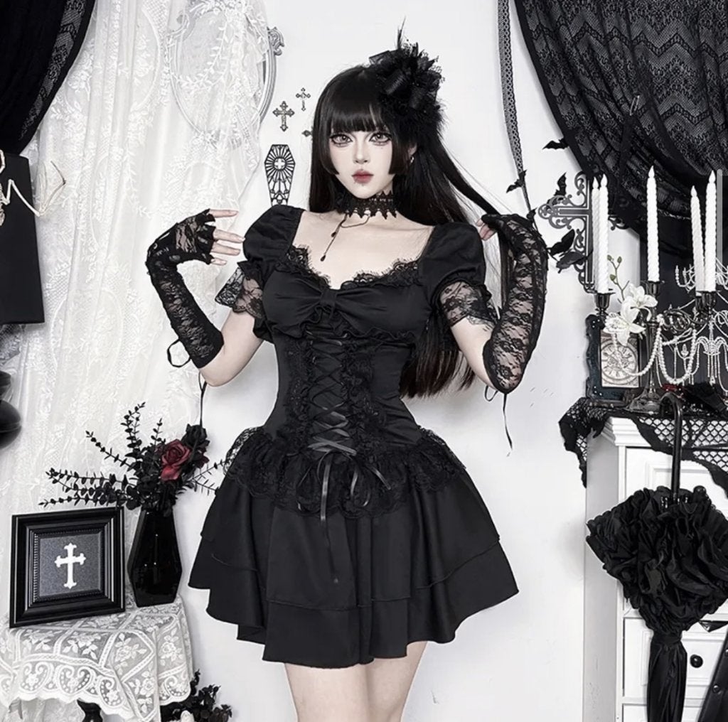 Zwart Goth Lolita Jurkje - Maat M, Maat 38/40 (M), Verzenden, Zwart, Nieuw