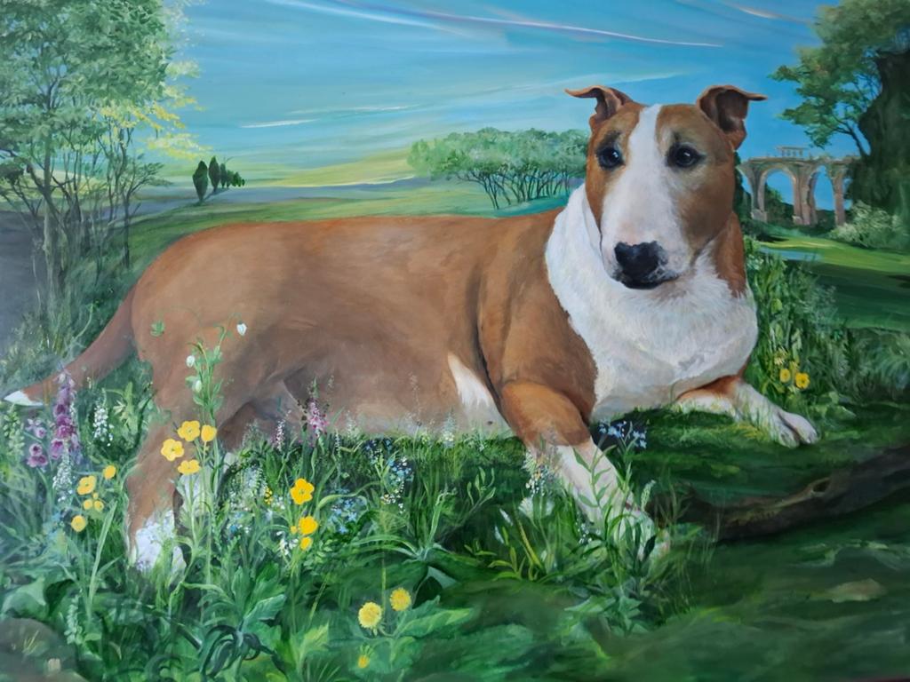 Groot schilderij met goudkleurige lijst., Ophalen, Schilderij, 75 cm of meer