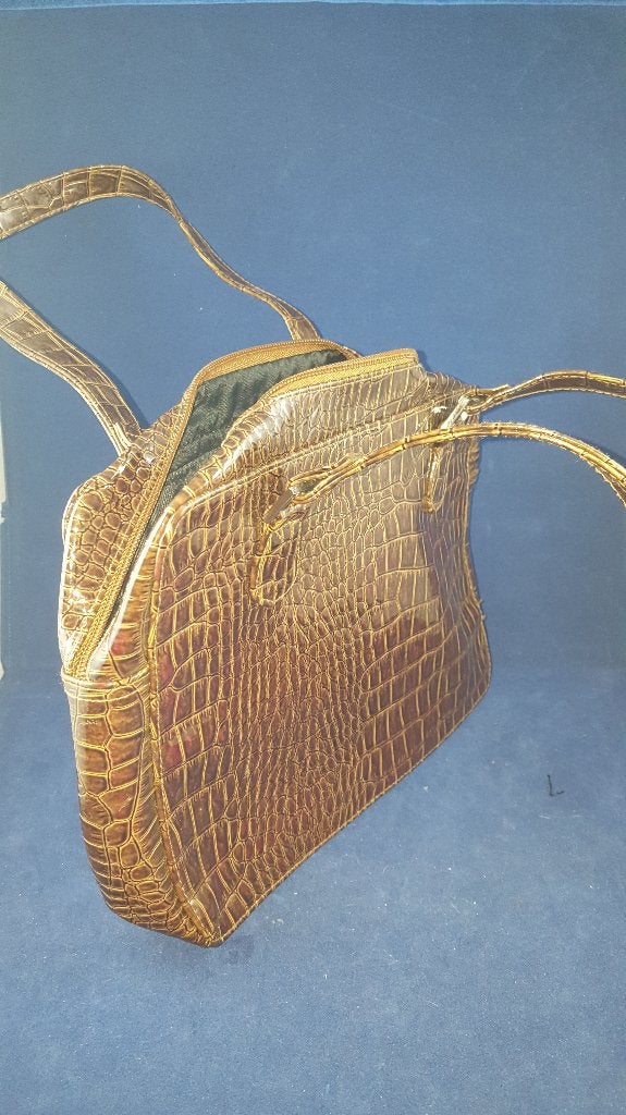 Vintage look handtas, lak leer, krokodillenleer stijl. 5B6, Tweedehands verkoop, Tweedehands verkoop, Gebruikt, Bruin