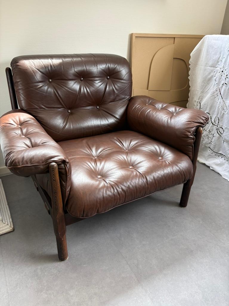 Vintage leren & palissander midcentury Braziliaans  fauteuil, Ophalen, Gebruikt, Vintage design midcentury Braziliaans, 75 tot 100 cm