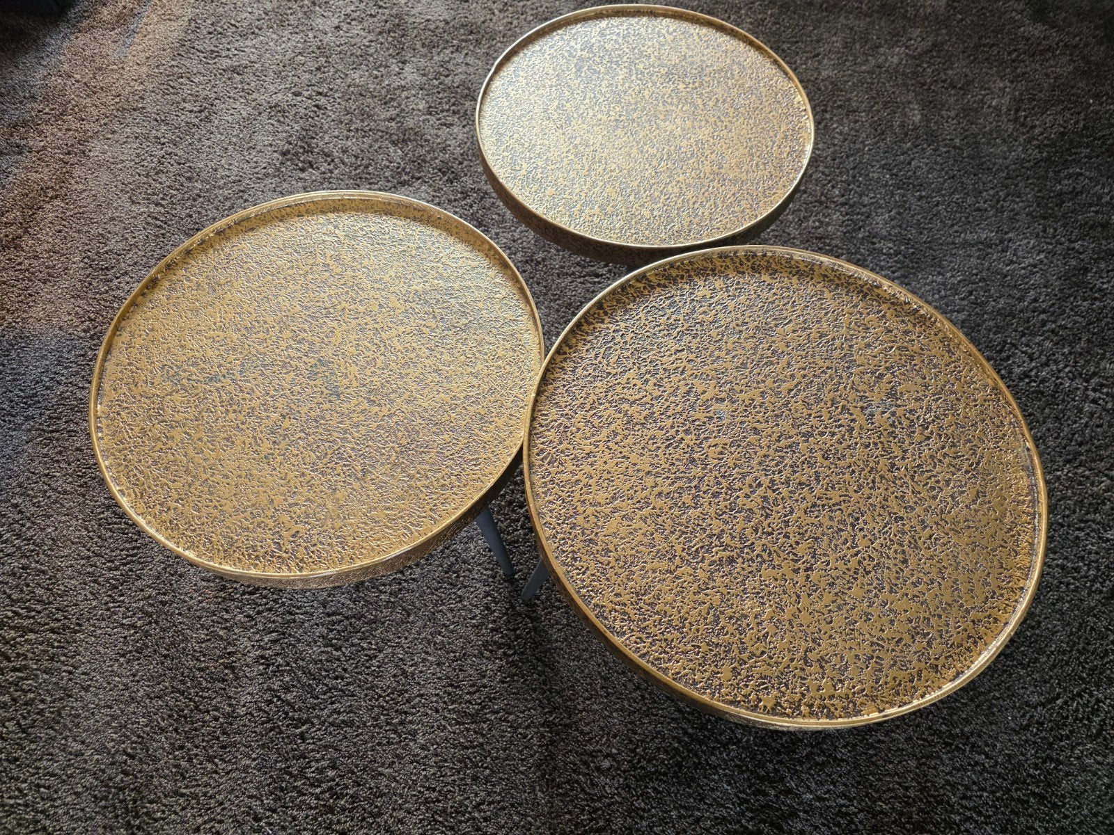 3 koper/goud- kleurige salontafeltjes (set), Huis en Inrichting, Tafels | Salontafels, Ophalen, Zo goed als nieuw, Rond, 50 tot 100 cm