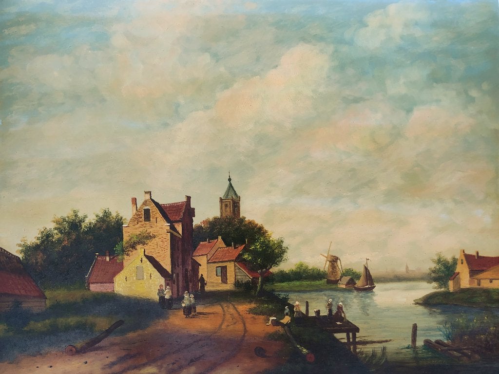 J. Croon Schilderij 'Mensen bij gehucht met wasvrouwen', Ophalen of Verzenden