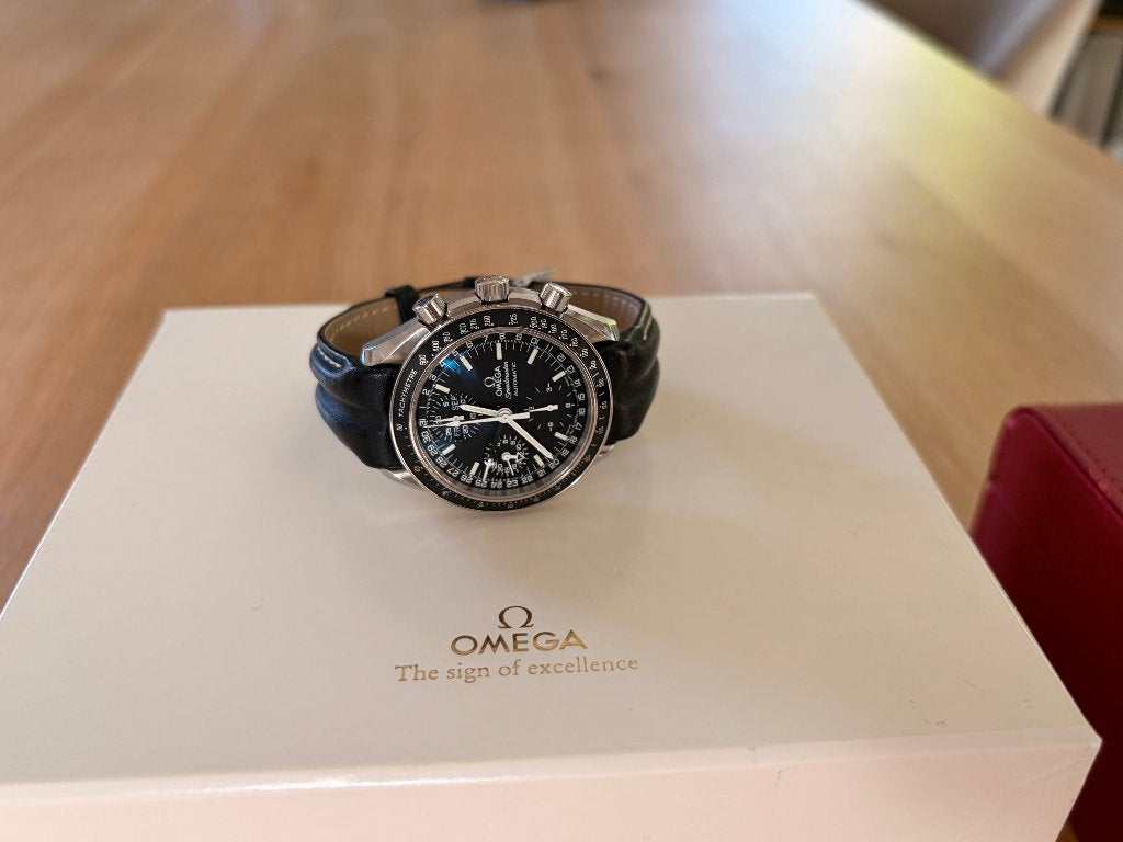 Omega Speedmaster Day-Date 3520.50.00 – Full Set – 2002, Leer, Staal, Polshorloge, Ophalen of Verzenden