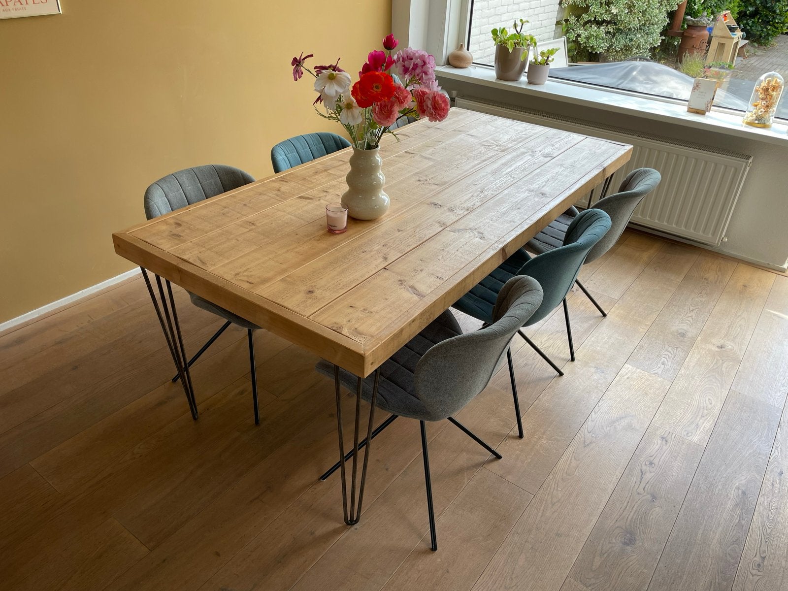 Steigerhouten Eettafel met Stalen Hairpin Poten 200 x 100 cm, Ophalen, 50 tot 100 cm, Zo goed als nieuw, Vijf personen of meer