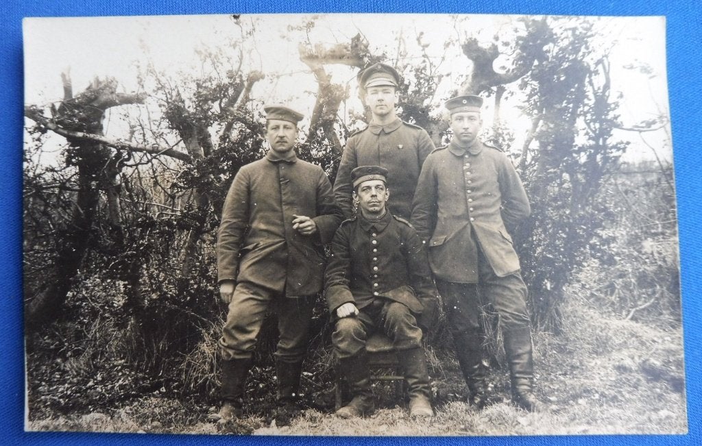 Duitse WO1 Foto Groepsportret Vier Soldaten België? (N), Verzenden, Landmacht, Duitsland, Foto of Poster