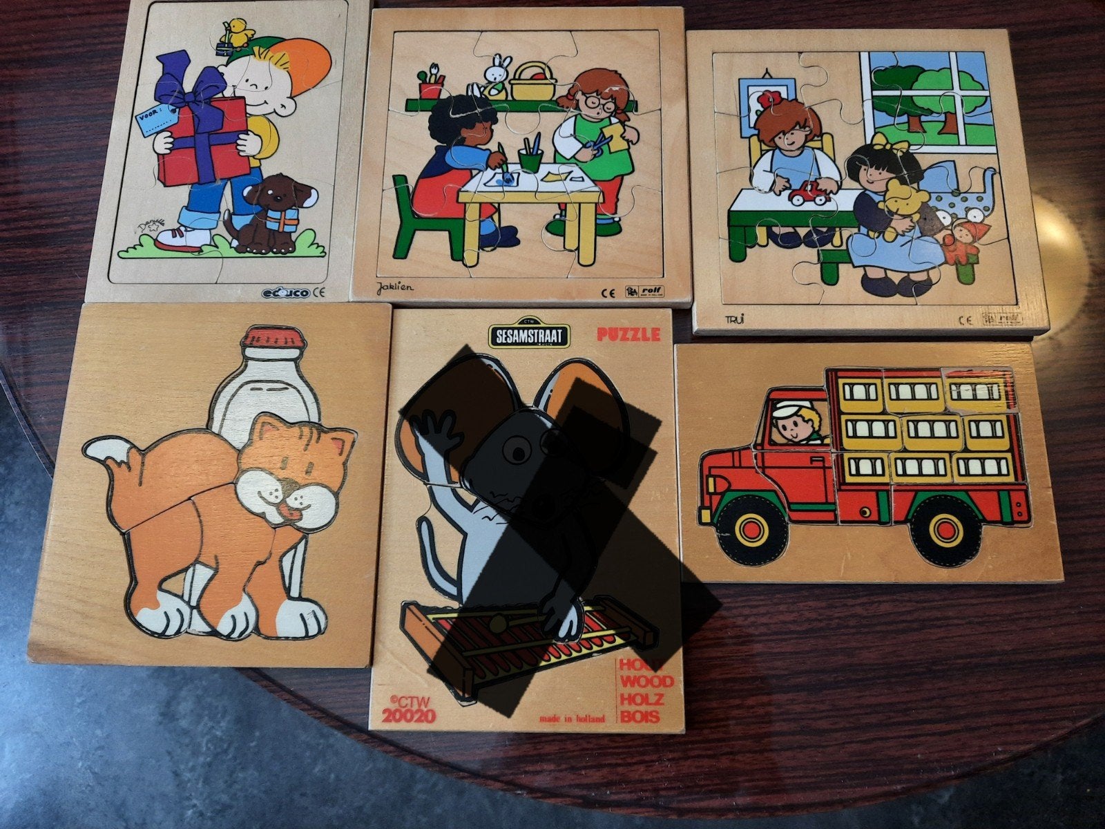 5 houten  vintage puzzels 15 euro, Ophalen of Verzenden, Minder dan 10 stukjes, Gebruikt, 6 maanden tot 2 jaar