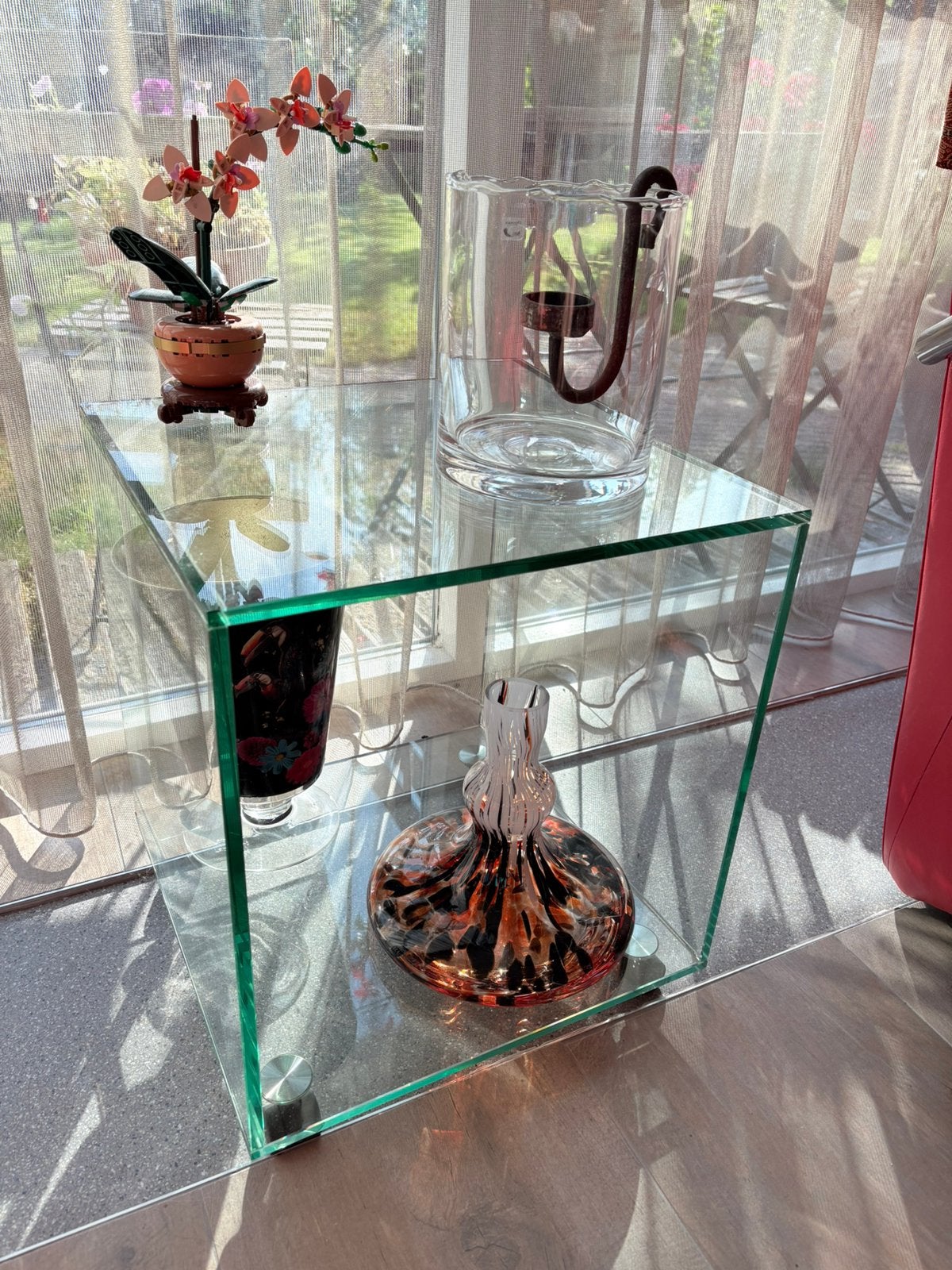 Glazen bijzettafel 40 x 40 op wielen, Huis en Inrichting, Tafels | Sidetables, Ophalen, Gebruikt, Vierkant, Minder dan 50 cm