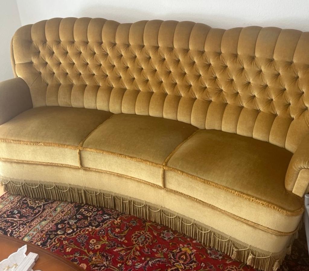 Vintage bankstel bank fauteuils oker franjes velours barok, Antiek en Kunst, Antiek | Meubels | Stoelen en Banken, Ophalen
