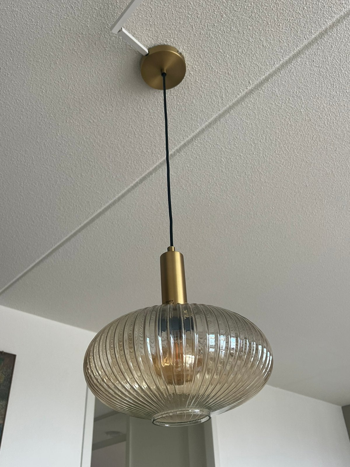 Hanglampen messing/bruin-amber glas, Ophalen, Zo goed als nieuw, Glas