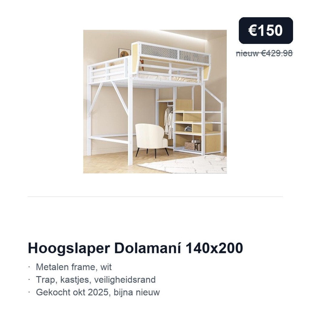 Hoogslaper Dolamani 140x200 | nieuw €430, nu €150, Ophalen, Hoogslaper, Tweepersoons, 140 cm