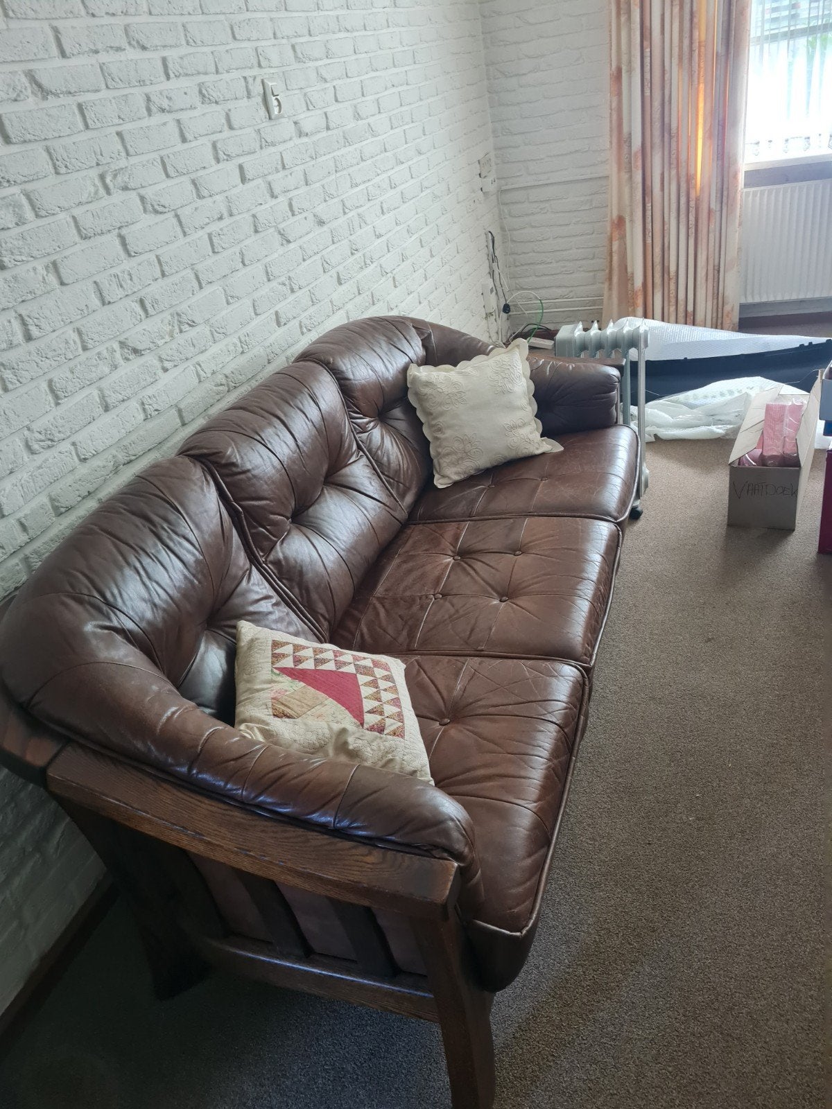 3-zits bank eikenhout met leer, Ophalen, Gebruikt, Minder dan 75 cm, 150 tot 200 cm