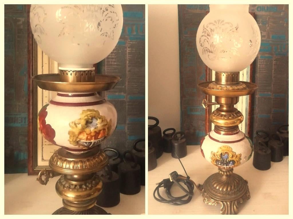 Antieke lamp aardewerk koper omgebouwde olielamp, Ophalen of Verzenden