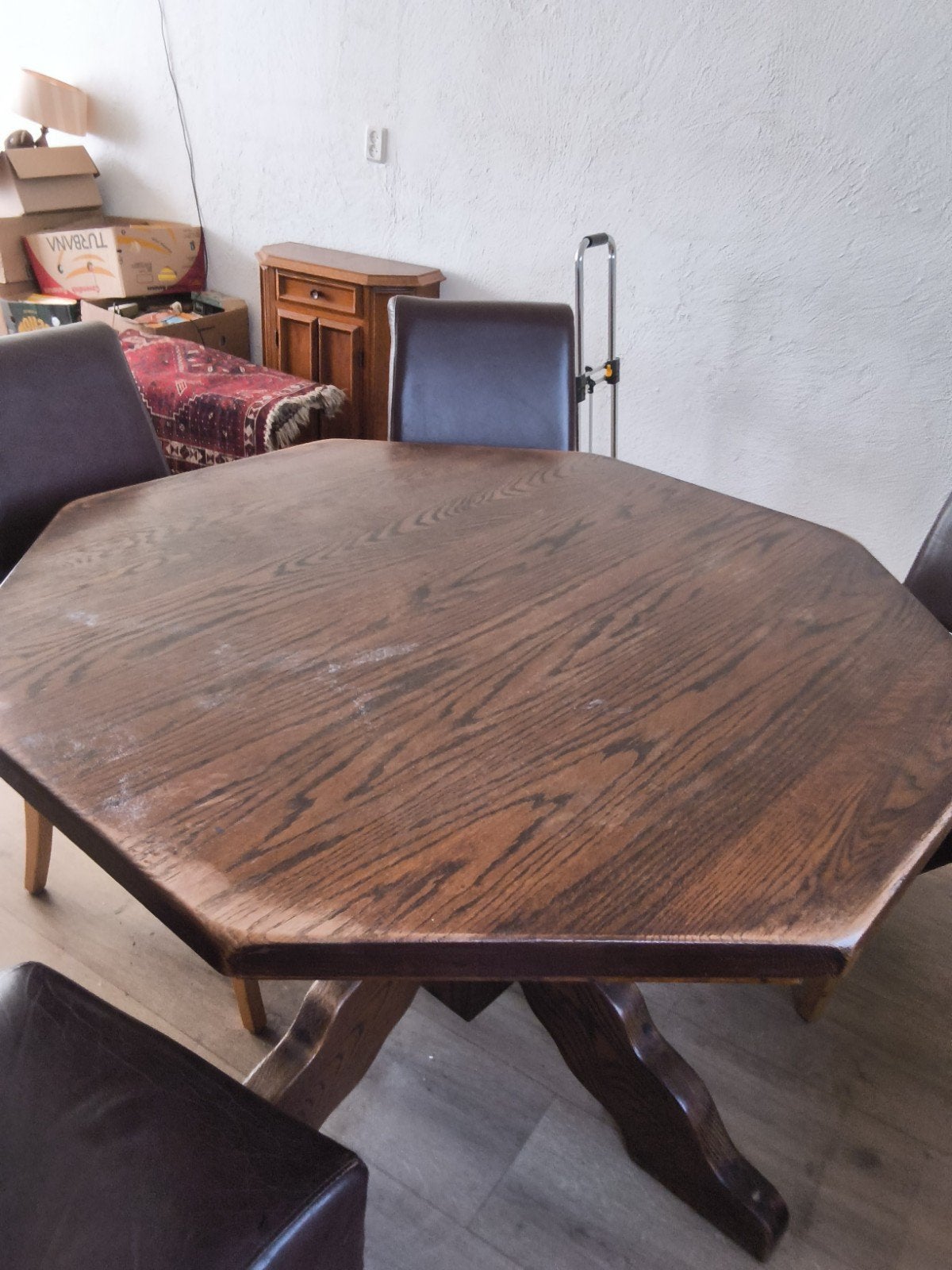 8 hoekige eetkamertafel plus 4 stoelen, Ophalen, Gebruikt, 100 tot 150 cm, 50 tot 100 cm