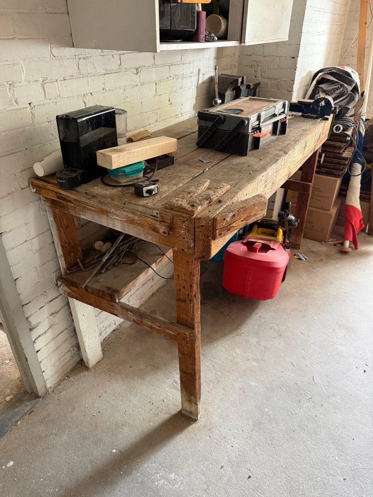 Authentieke houten werkbank met bankschroef - 164x64 cm, Ophalen, Gebruikt, 120 tot 170 cm, Bankschroef