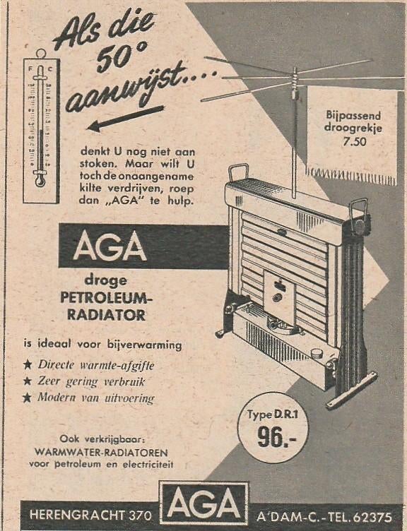 Retro reclame 1955 Aga petroleum radiator & droogrekje, Verzamelen, Verzenden, Overige typen
