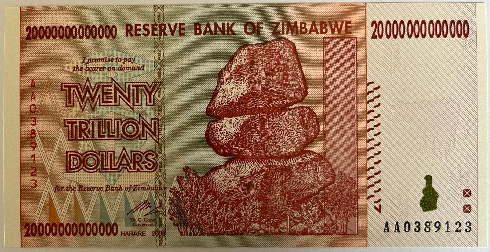 Zimbabwe twintig triljoen dollar 2008 UNC, Postzegels en Munten, Bankbiljetten | Afrika, Ophalen of Verzenden, Zimbabwe