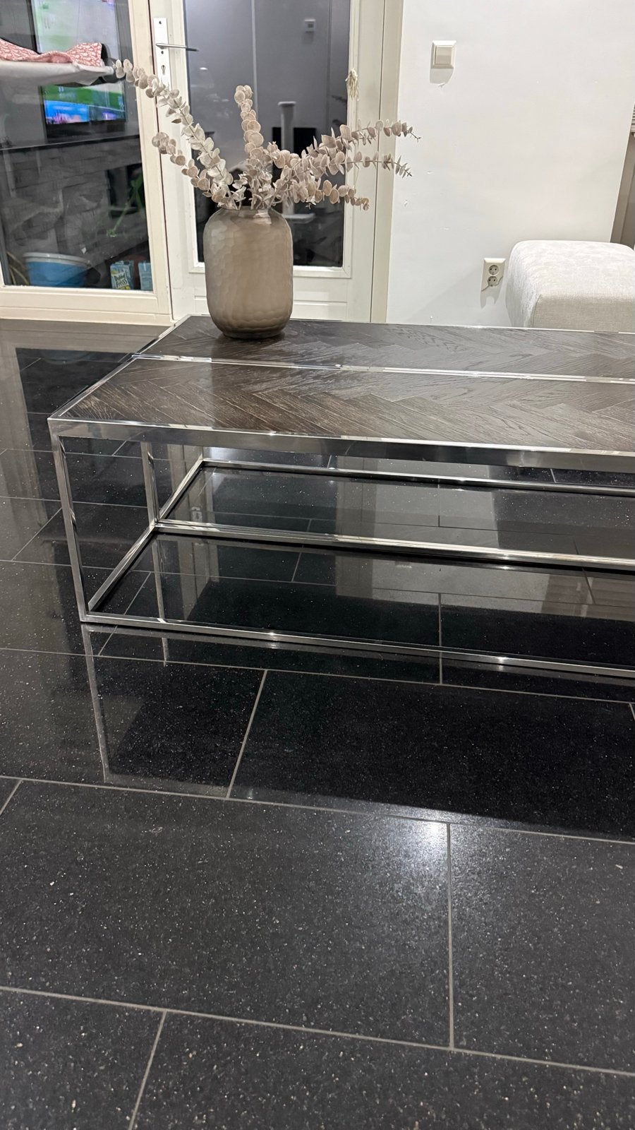 2-delige Richmond salon tafel - Zilveren poten, zwart eiken, Ophalen, Eikenhout, 50 tot 100 cm, Zo goed als nieuw