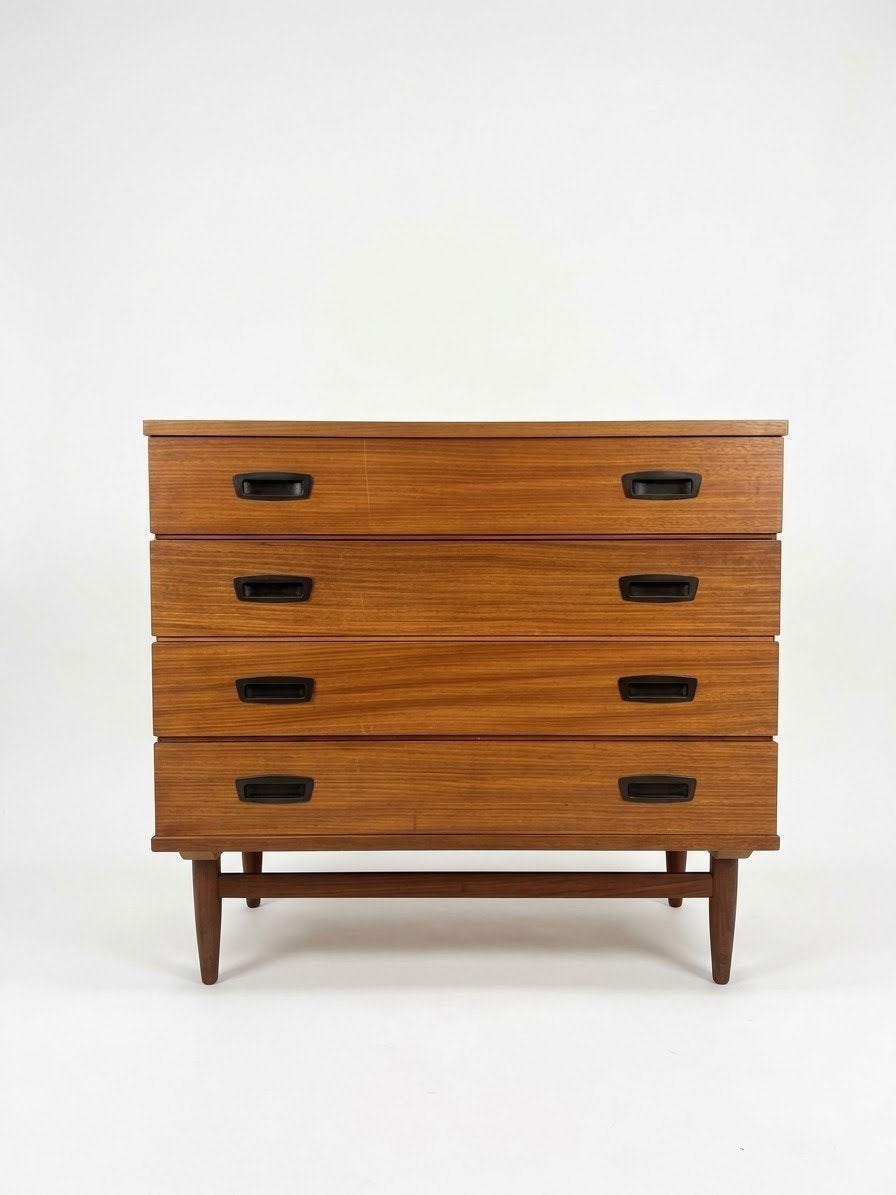 Vintage ladekast teak fineer 4 lades, Gebruikt, ., 3 of 4 laden, .