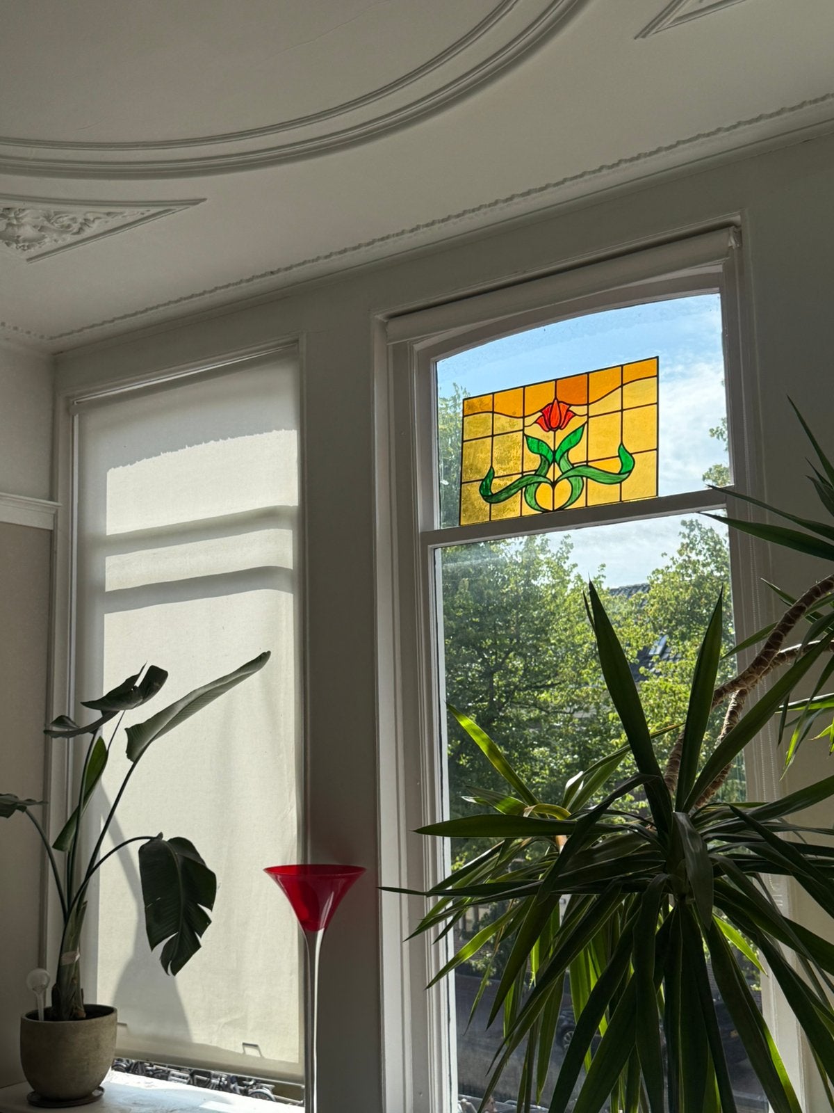 Prachtig geel glas-in-loodraam tulp - decoratief kunstwerk, Ophalen of Verzenden, Zo goed als nieuw