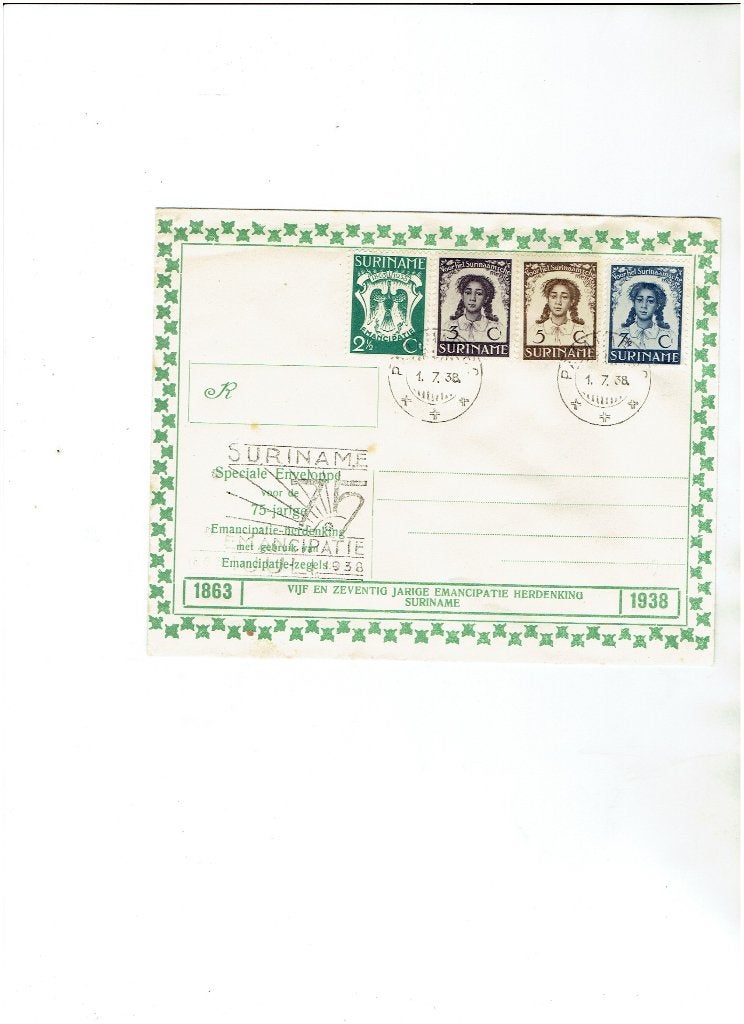 SURINAME envelop emancipatie-herdenking 1938, Postzegels en Munten, Brieven en Enveloppen | Buitenland, Ophalen of Verzenden, Envelop