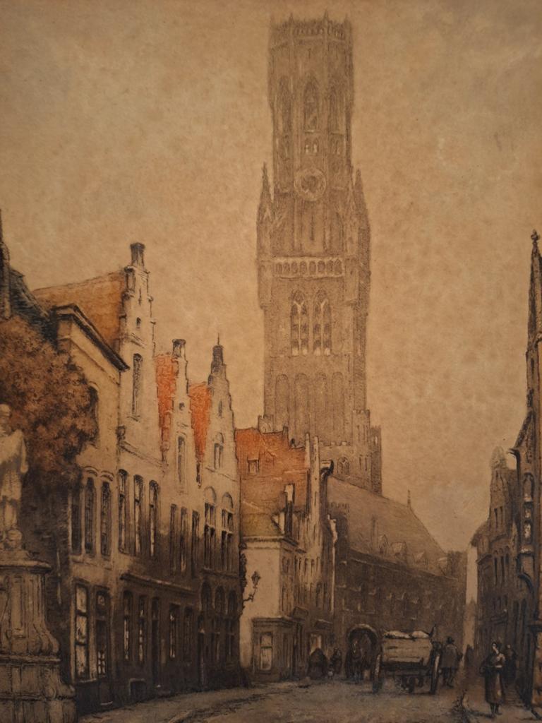 Kleurenets van Alf van Neste - Brugge Belfort, Antiek en Kunst, Ets, Stadsgezicht, Ophalen of Verzenden, Gesigneerd