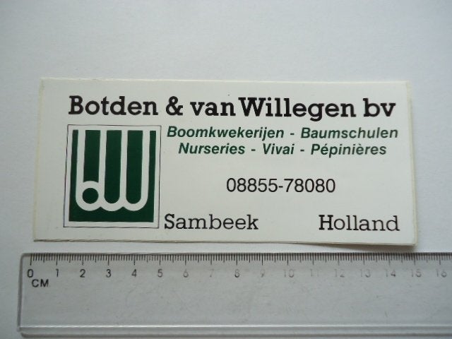 sticker oud Kwekerij boom bomen botden willegen sambeek nl, Verzenden, Zo goed als nieuw, Bedrijf of Vereniging