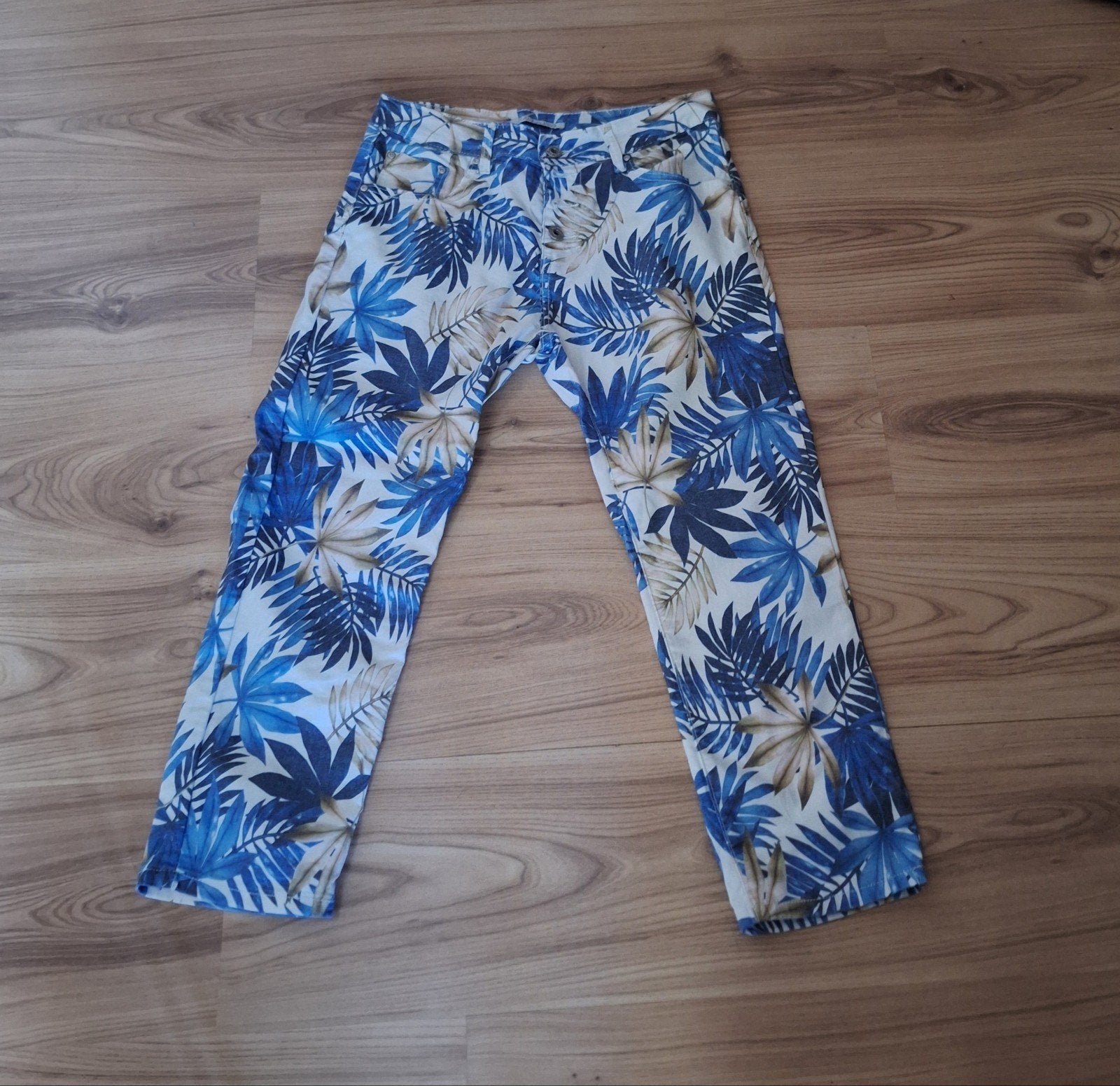 Place du Jour Denim broek met tropische print, maat 36, Blauw, Ophalen of Verzenden, Zo goed als nieuw, Maat 36 (S)