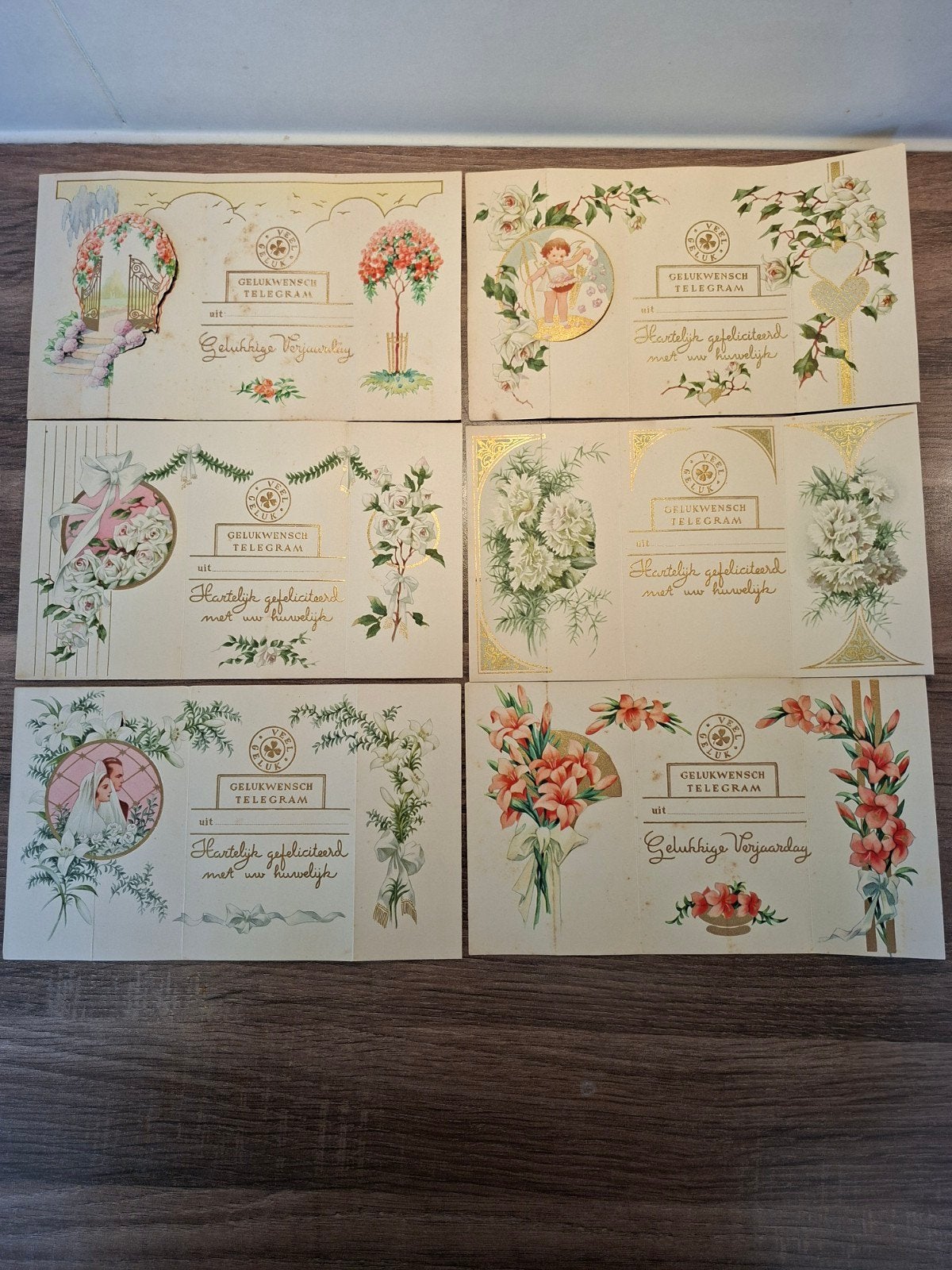 Set van 6 Vintage Gelukwens Telegrammen - jaren 40, Verzamelen, Gebruikt, Ophalen of Verzenden, Voor 1940, Prent