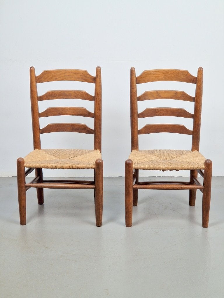 2 vintage brutalist Charlotte Perriand stoel hout riet ‘60, Gebruikt, Twee, Bruin, Vintage