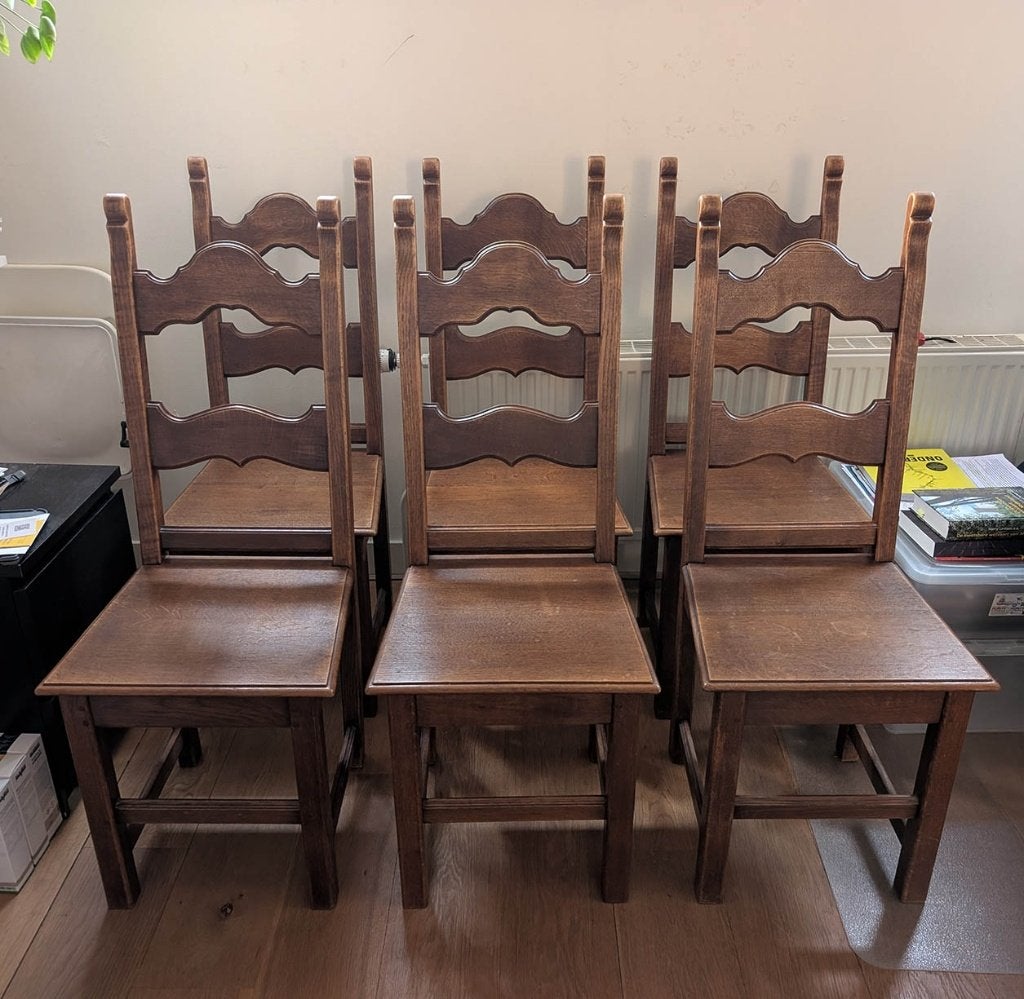 6 klassieke eiken eetkamerstoelen, Huis en Inrichting, Stoelen, Ophalen, Gebruikt, Bruin, Klassiek