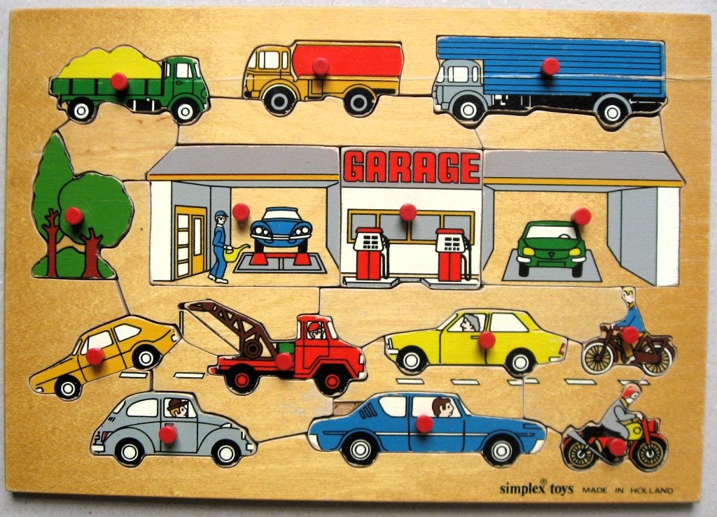 Retro Simplex puzzel, garage en auto's, jaren 70, Ophalen of Verzenden
