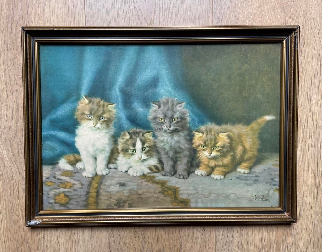 Prent kittens van Daniel Merlin in goudkleurige lijst, Ophalen of Verzenden