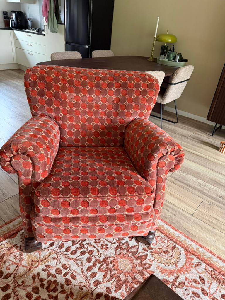 Vintage fauteuil met retro patroon - jaren 70, Ophalen, Zo goed als nieuw, 50 tot 75 cm